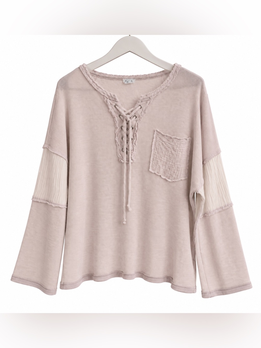 POL Boho Lace Up Waffle Knit Top Blush Peach Bell Sleeve Pocket Size L